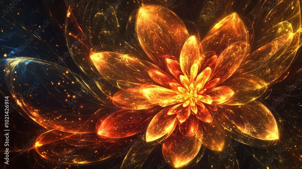 Poster abstract fantasy flower with luminous effects shimmering golden light swirl backdrop vivid digital a