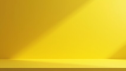 3D background studio room for product presentation. Yellow wall and floor with a podium. Tabletop with sunlight from the window. Illustration template with countertop in the kitchen.
