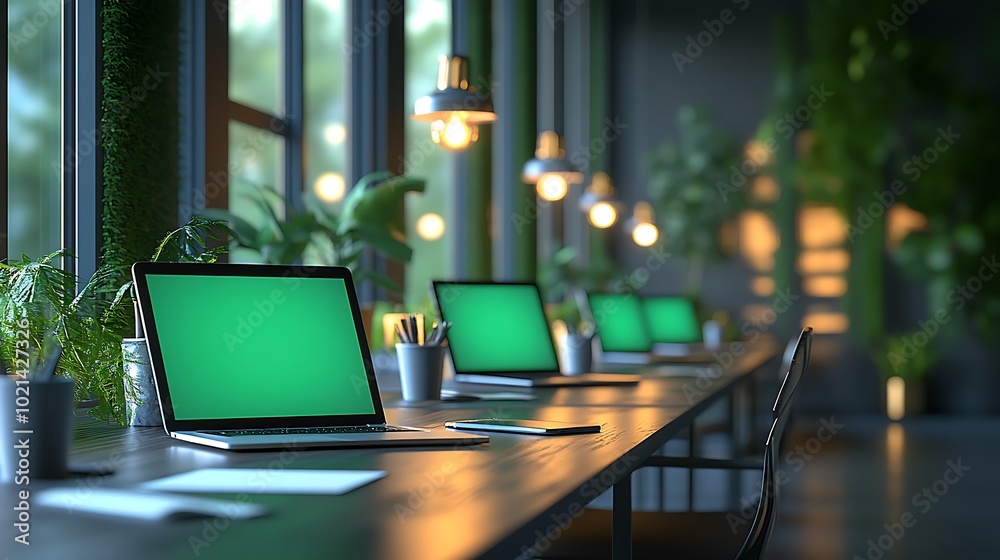 Aufkleber A modern workspace featuring multiple laptops on a long table, surrounded by greenery and well-lit with natural light, creating a productive atmosphere.