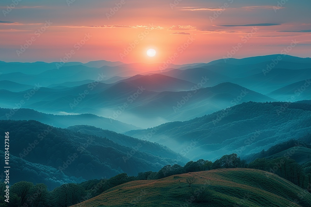 Wall mural landscape nature travel sunset mountains sunrise sun summer sky view morning sunlight