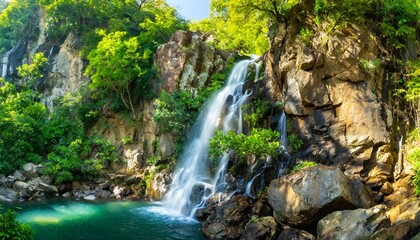 Naklejka premium Crystal Clear Waterfall Cascading Down a Rocky Cliffside, Surrounded by Lush Green Trees and Vibrant Flora, Bathed in the Soft Light of Early Morning Sunshine