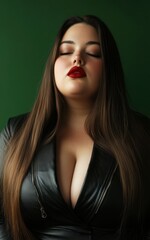 Fototapeta premium Plus size confident woman in black leather outfit posing on a green background.