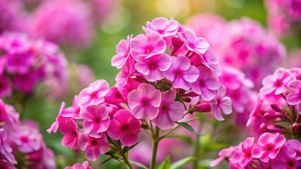 Fototapeta premium A cluster of vibrant pink flowers with delicate petals blooms in a field of similar blossoms, bathed in soft sunlight.