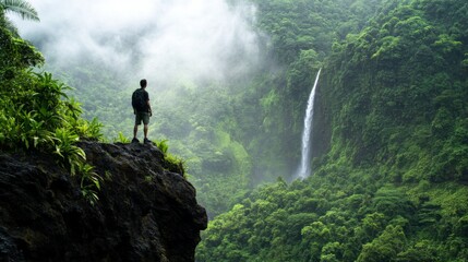 Obraz premium A lone hiker gazes upon a waterfall cascading down a misty green cliff.