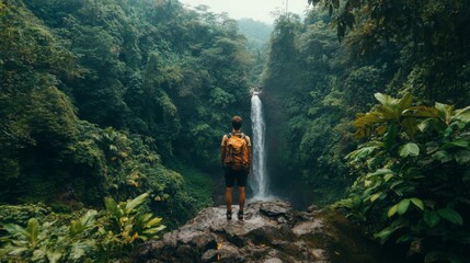 Man Standing on a Cliff Overlooking a Waterfall in Lush Jungle