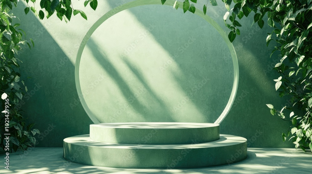 Aufkleber 3D render of an abstract minimal green background featuring an empty stage with steps and a cylindrical podium showcasing contrast shadows from leaves with bright sunlight filtering through a circ