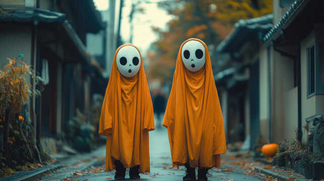 Two japan kids wearing orange mantle and creepy ghost masks walking on alley. Halloween, spooky season