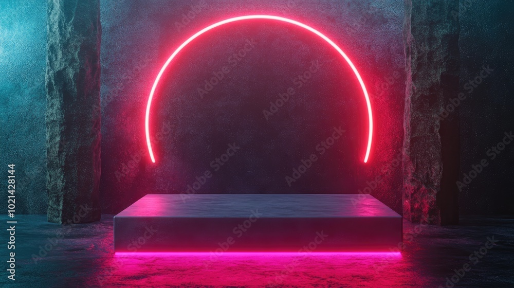 Aufkleber Abstract neon backdrop featuring luminous geometric shapes natural stone accents and a 3D podium render An empty display stand or platform designed for showcasing presentations and advertising tec