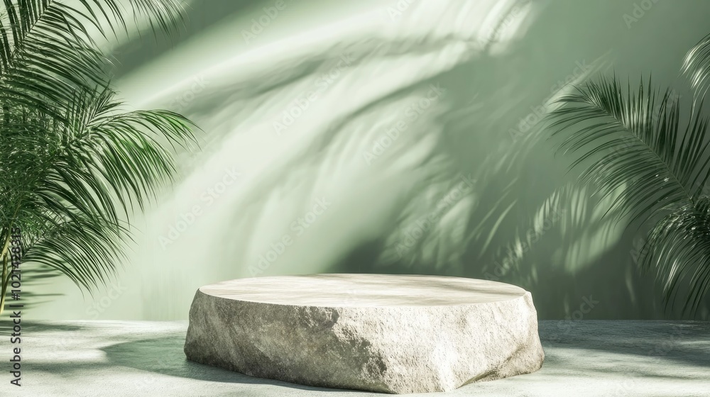 Poster 3D background featuring a stone display podium set against a soft green backdrop with palm shadows Ideal for showcasing beauty cosmetics in a tropical setting Studio rendered summer platform templ
