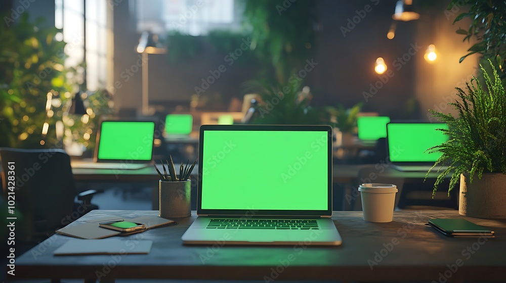 Aufkleber a modern workspace with multiple laptops displaying green screens, surrounded by plants and warm lig