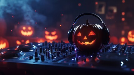Halloween pumpkin on a dj table with headphones on dark background with copy space. Happy Halloween festival decorations and music concept