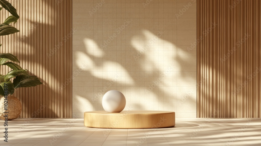Aufkleber 3D abstract background for product branding and presentation Minimalistic podium mockup scene featuring an empty space with a tile wall and wood accents designed for advertising purposes 3D render
