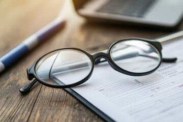 Black glasses placed on a document with a laptop and pen nearby, symbolizing focus and clarity.