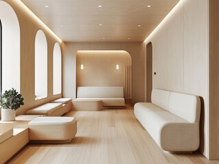Fototapeta premium Beige walls, neutral-toned seating, and wooden floors in a minimalist waiting room, offering a warm and modern environment