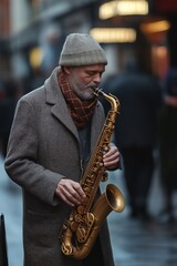 A street performer in a tweed coat plays the saxophone on a bustling city street.