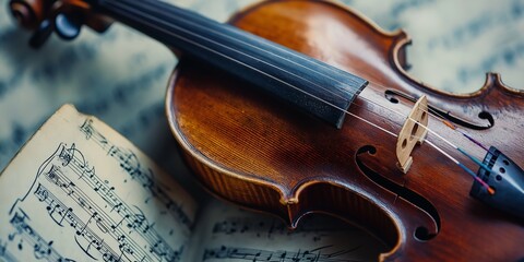 Fototapeta premium A violin rests on sheet music, highlighting its polished wood and intricate strings.