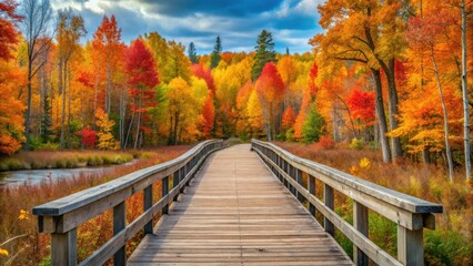 A wooden bridge leading into a vibrant forest adorned with autumn foliage, showcasing nature's vibrant canvas.