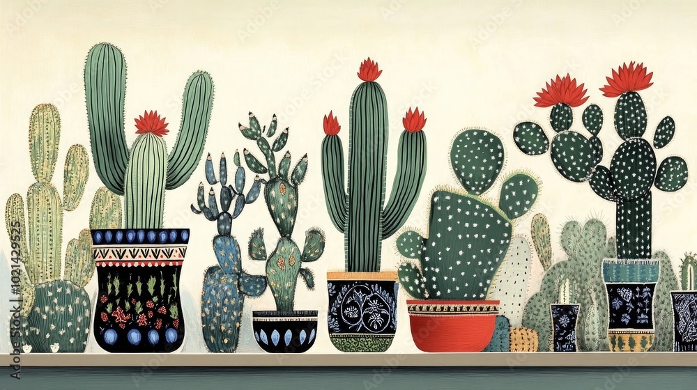 Poster Cacti In Pots Displayed On A Shelf