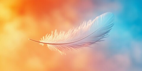 Naklejka premium Delicate white feather floating gracefully against a soft orange and blue gradient background