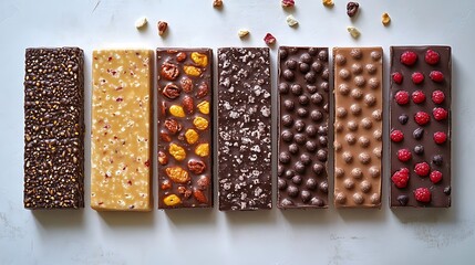 Several energy bars arranged in a grid pattern, evenly spaced on a smooth white surface, bars aligned perfectly to form a checkerboard layout, clean minimalist design,