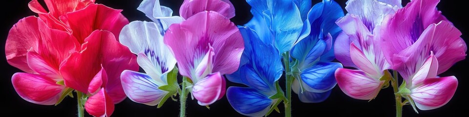Vibrant sweet pea flowers in various shades of pink, blue, and purple arranged against a dark background, showcasing their delicate petals.

