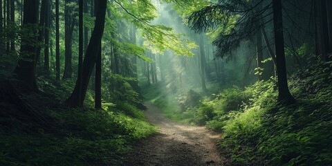 Obraz premium A beautiful green forest with dappled sunlight filtering through the leaves, creating a serene atmosphere above a pathway.