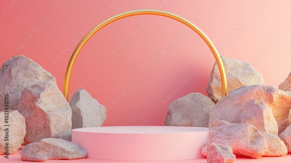 Aufkleber 3D render of an abstract background featuring cobble rock stones and a golden arch set against a pastel backdrop A contemporary minimal showcase scene with an empty podium for product display
