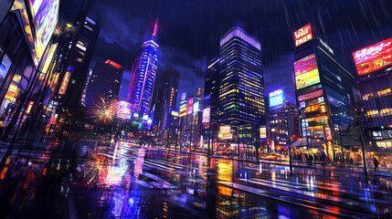 Neon-lit skyscrapers reflect in the wet streets of a bustling city under a rainy night.