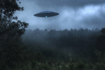 Naklejka premium A UFO hovers in a stormy sky above a dark forest.