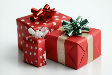 Fototapeta premium Christmas gifts wrapped in festive designs, placed on a bright white backdrop. For Christmas gifts, holiday decor, and seasonal marketing campaigns.
