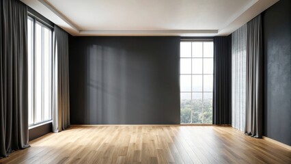 Obraz premium Modern minimalist living room with gray walls and wooden floor, featuring large windows with gray and white curtains