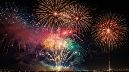 Obraz premium A dazzling display of colorful fireworks explodes against a dark night sky, creating a vibrant and celebratory scene.