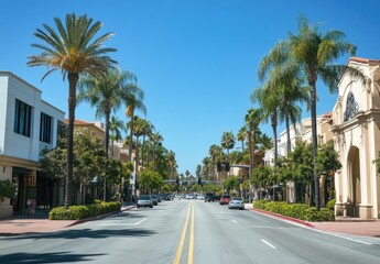 Fototapeta premium the street in front, Los Angeles city center with modern buildings and palm trees on both sides of the road, white walls with black windows Generative AI