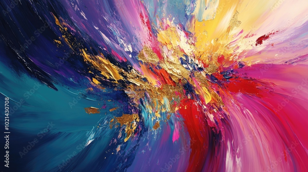Poster abstract oil painting featuring vibrant colors and dynamic brushwork incorporating golden elements a