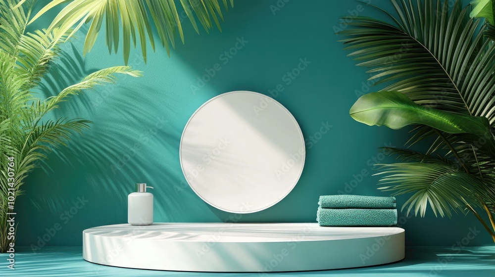 Aufkleber 3d podium featuring blank space for product display against a tropical abstract backdrop summer and 