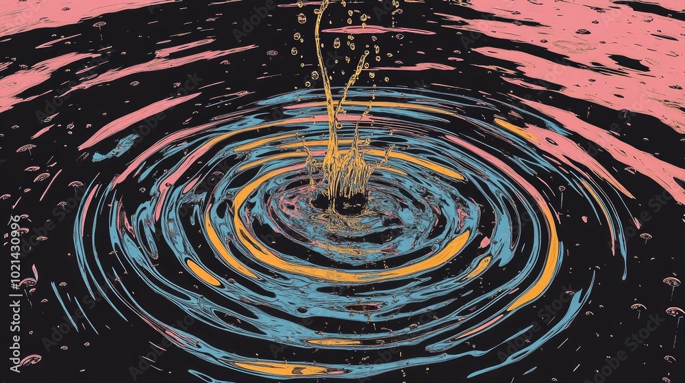 Poster above dark water surface with splashing drops and ripples