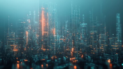 Fototapeta premium Futuristic cityscape with glowing skyscrapers and digital elements.