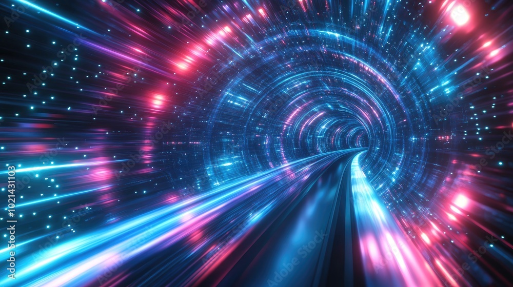 Aufkleber 3D Rendering Of A Futuristic Neon Glowing Speed Tunnel Flight Through Tunnel Distortion Effect Signal Interference Virtual Reality Background Wallpaper