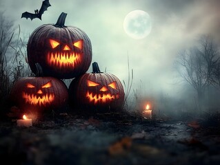 Naklejka premium Carved Halloween pumpkins with ominous glowing expressions are illuminated by flickering candlelight and the eerie glow of a full moon casting long shadows across a rustic autumnal field