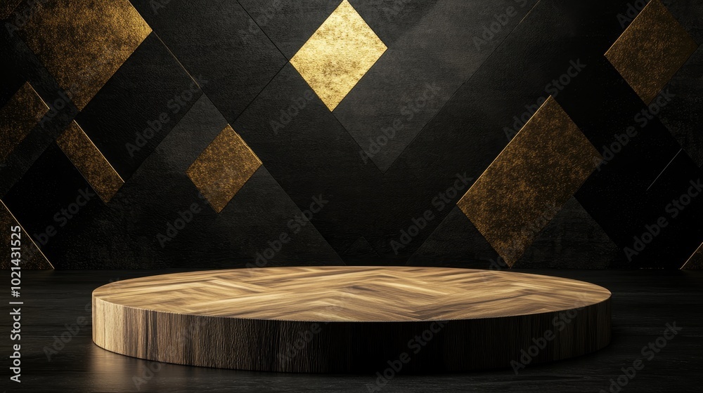 Poster Abstract Elegant Wooden Gold Podium on Gold Triangle Background Empty Round Wood Product Stand on Black Background 3D Rendering