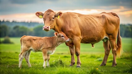 Fototapeta premium Heartwarming Moment of a Cow and Calf Bonding in Pasture - Beautiful Farm Animal Photography for Nature Lovers