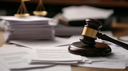 A Wooden Gavel Resting on a Stack of Legal Documents