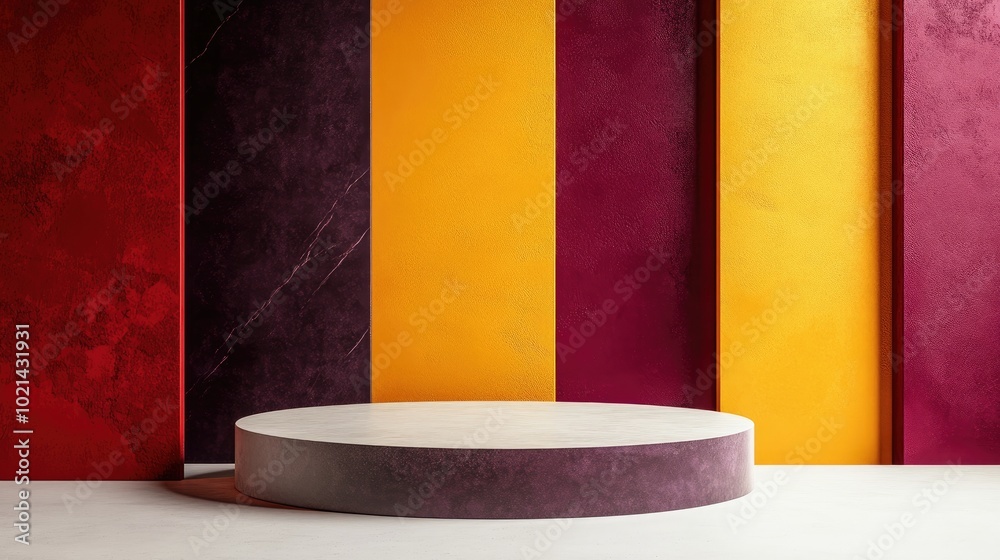 Poster Collection of 3D product display backgrounds in red yellow and dark purple on a white floor with open space Minimalist abstract composition Studio showcase for fashion product presentation