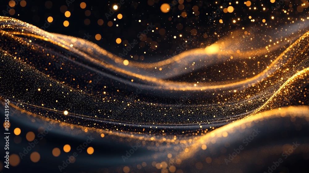 Aufkleber 3D golden wave flow lines and shimmering glitter on a dark backdrop Elegant wavy golden patterns radiate with sprays and sparkles creating a contemporary decorative liquid design