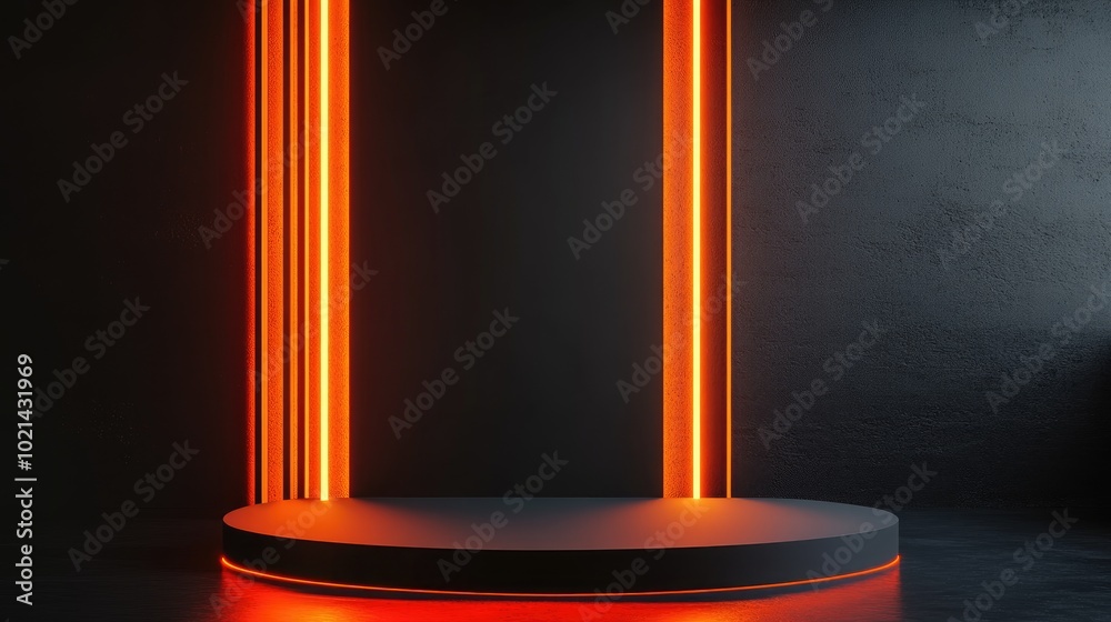 Poster 3D rendering illustration for promotional use Display stand set against a dark backdrop A solitary illuminated black podium Unoccupied display area