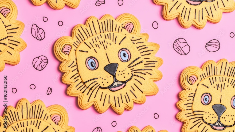 Poster close up image of lion shaped mango cookies on a white background