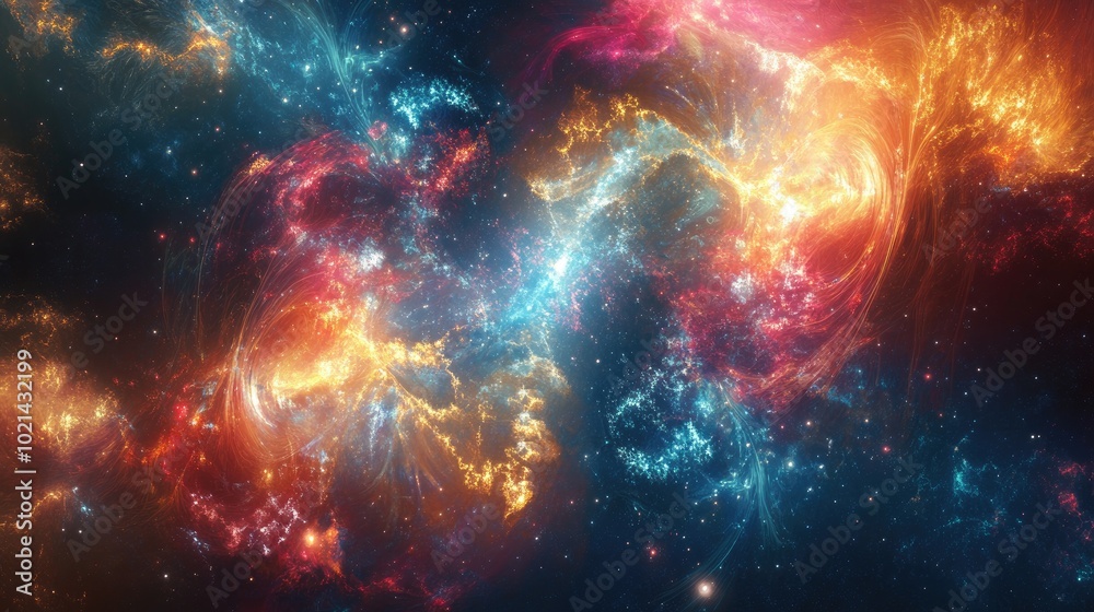 Poster abstract fractal fantasy backdrop featuring a cosmic galaxy with a digital geometric techno inspired