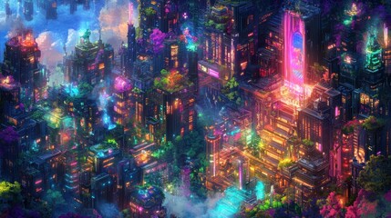 Obraz premium A vibrant, futuristic city with neon lights, glowing waterfalls, and towering structures.