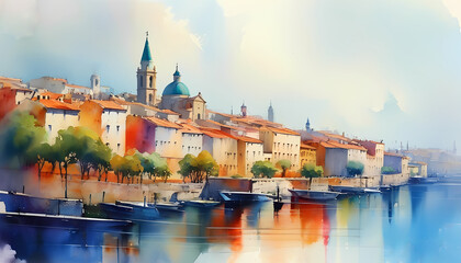 Obraz premium A watercolor painting of a picturesque European cityscape with a river in the foreground and a church steeple in the background