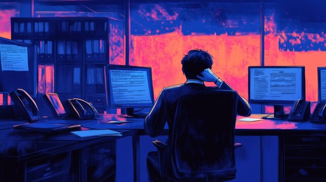 A Man Sitting at a Desk with Computers and Phones, Back to Viewer, in a Blue and Pink Office